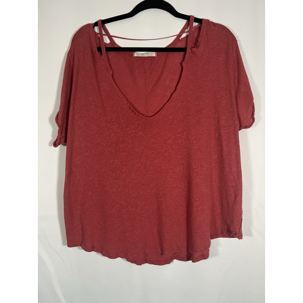 Free People Women's Oversized Linen Blend Shirt Distressed Red Size M Boho Beach